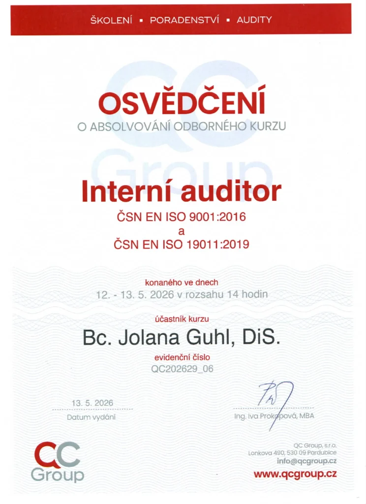 Osvědčení o absolvování odborného kurzu ISO 9001:2016 a 19011:2019